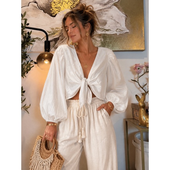 Express Tops - Linen Blend Express Womens Cream Tie Front Puff Sleeve Crop Top Large NEW